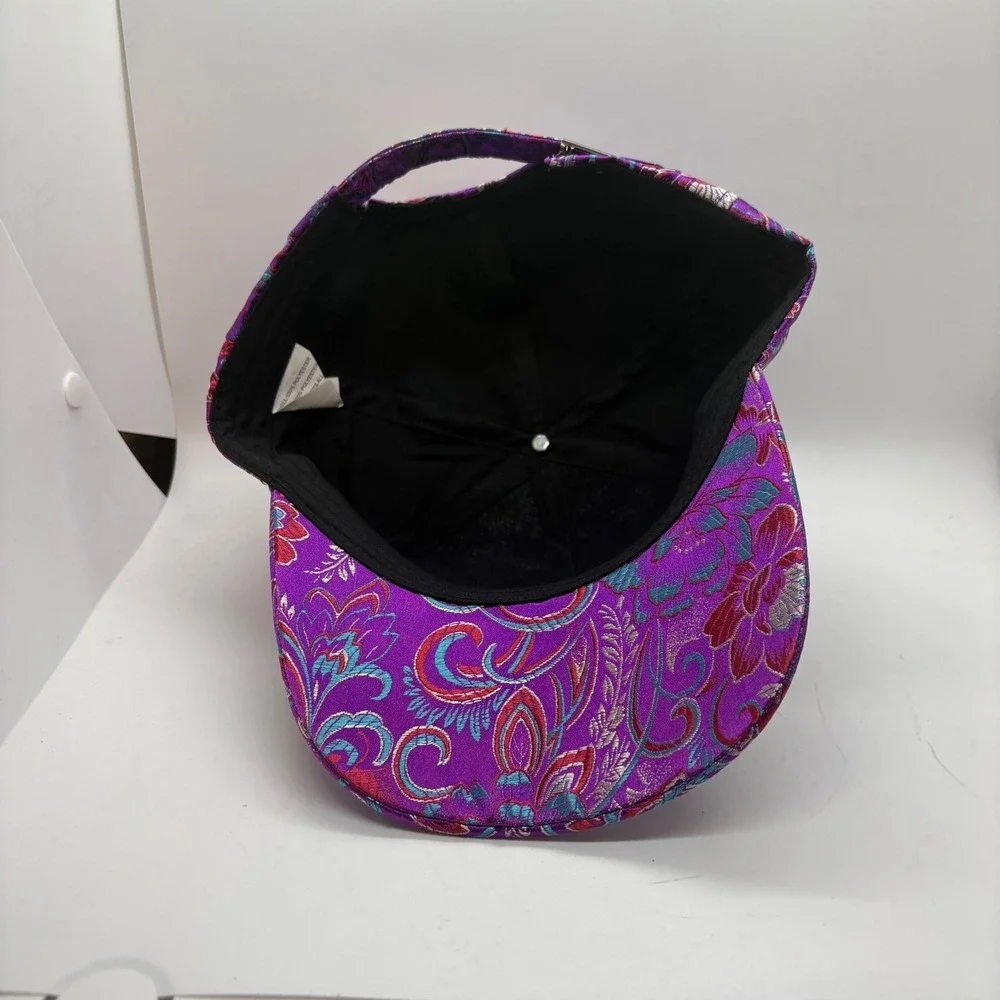 Purple Floral Brocade Baseball Cap Metallic Satin Adjustable Strap Hat